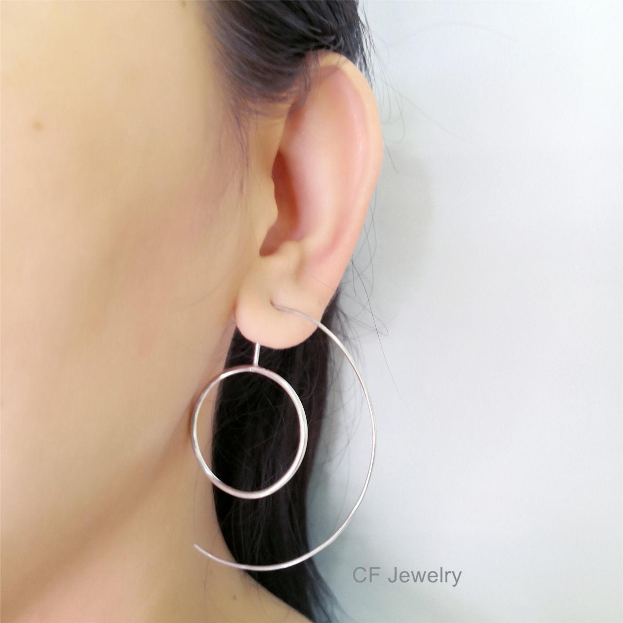 Circle Threader Earrings, Open Hoop Earrings, Large Circle Earrings, Geometric Earrings, Long Thread Earrings / Gold, Silver Or Rose Gold